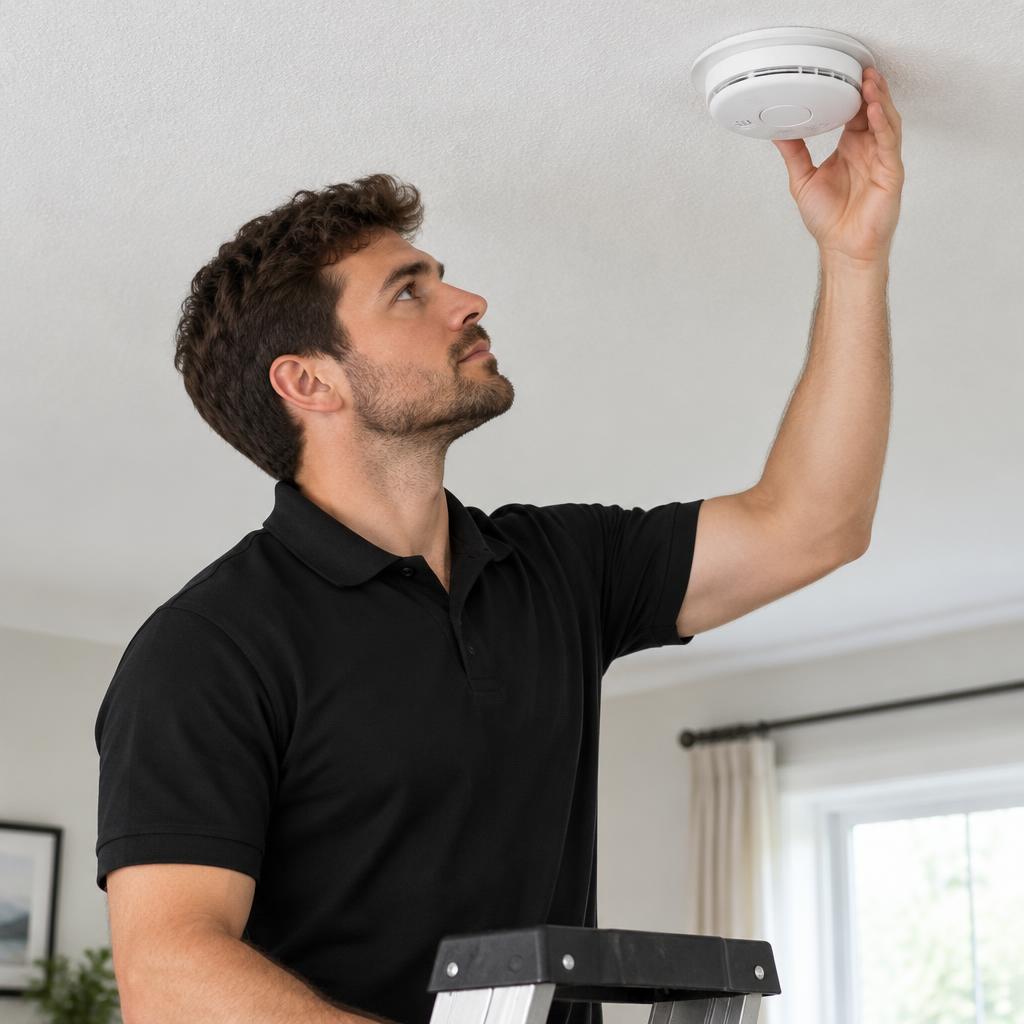 Technician installing a smoke alarm